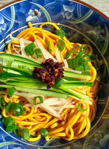 sichuan mala liang mian cold spicy noodles with beansprouts and cucumber